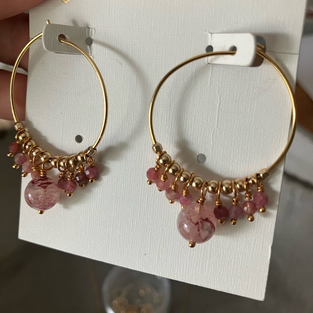 Strawberry quartz & pink tourmaline hoops and pendant necklace
